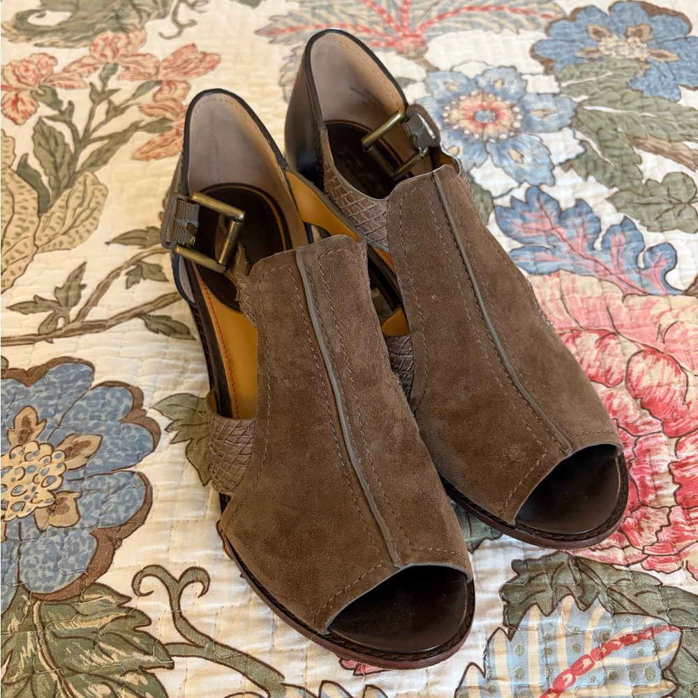 Trask Brown Suede Peep-Toe Ankle Strap Heels